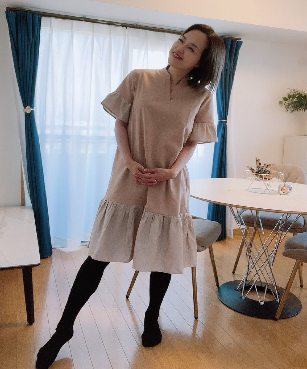 異素材使いスキッパーワンピース