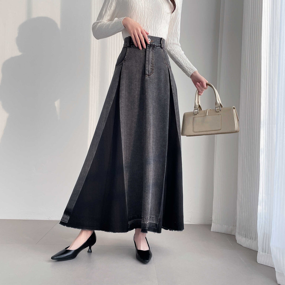 【20年デニム】配色タックフレアデニムスカート