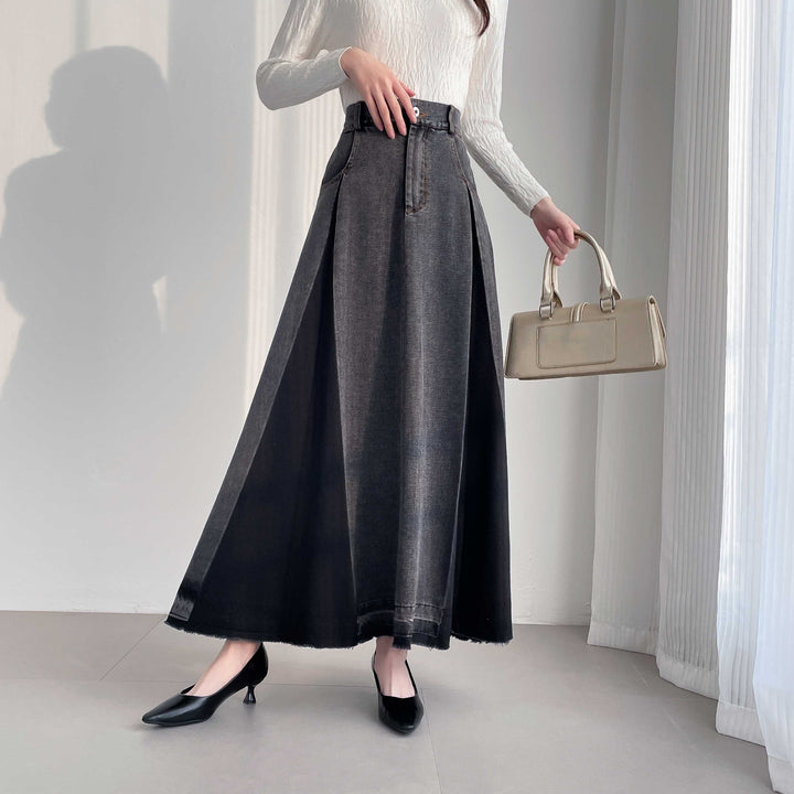 【20年デニム】配色タックフレアデニムスカート