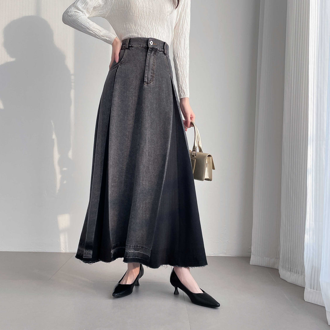 【20年デニム】配色タックフレアデニムスカート