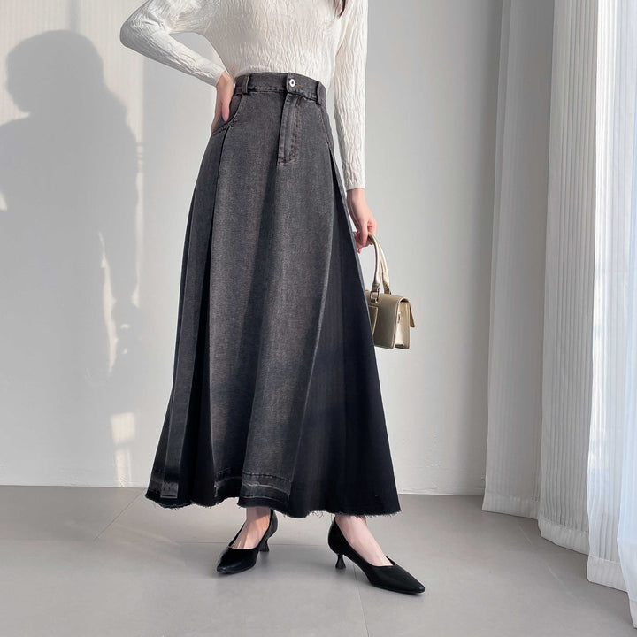 【20年デニム】配色タックフレアデニムスカート