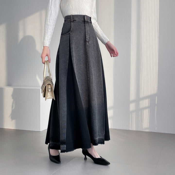 【20年デニム】配色タックフレアデニムスカート