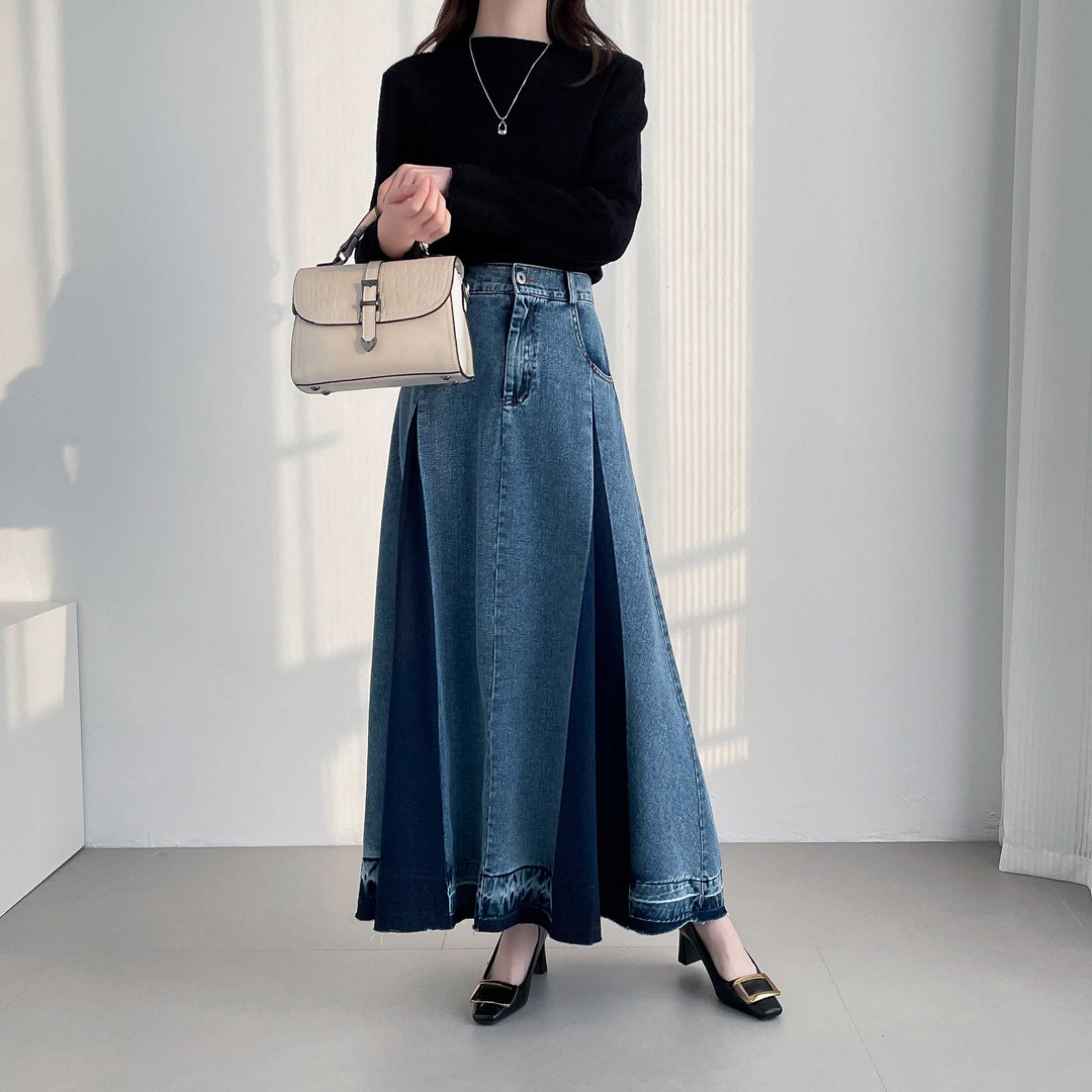 【20年デニム】配色タックフレアデニムスカート