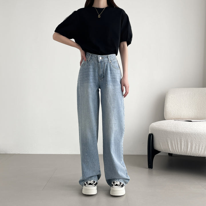 【神キラ】☆キラキラデニム ラインストーンワイドパンツ