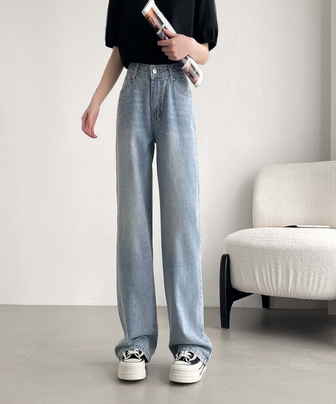 【神キラ】☆キラキラデニム ラインストーンワイドパンツ