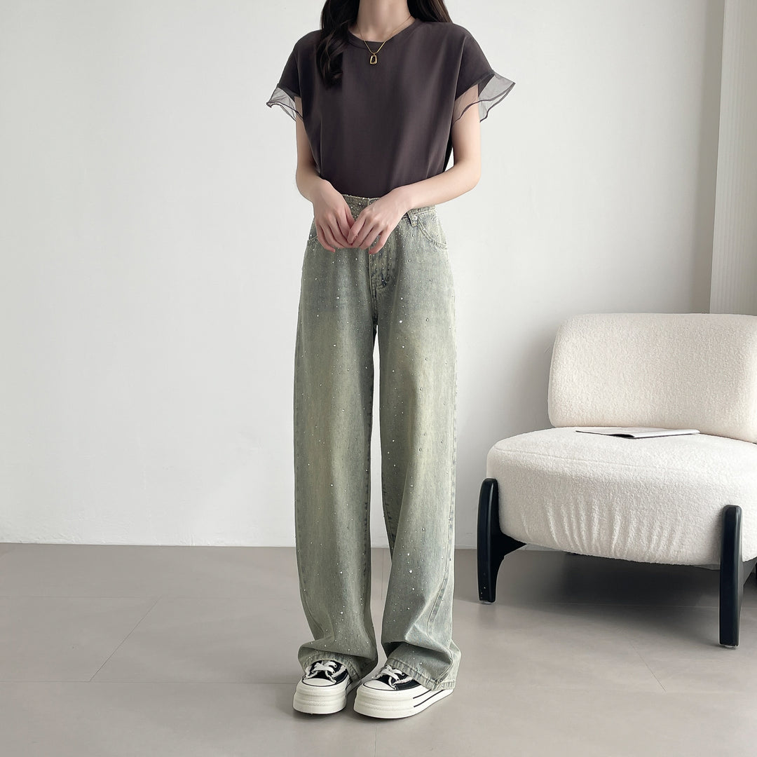 【神キラ】☆キラキラデニム ラインストーンワイドパンツ