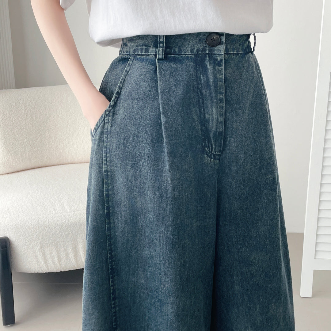 【神ガウチョ】☆ワイド裾ボタンデニムパンツ