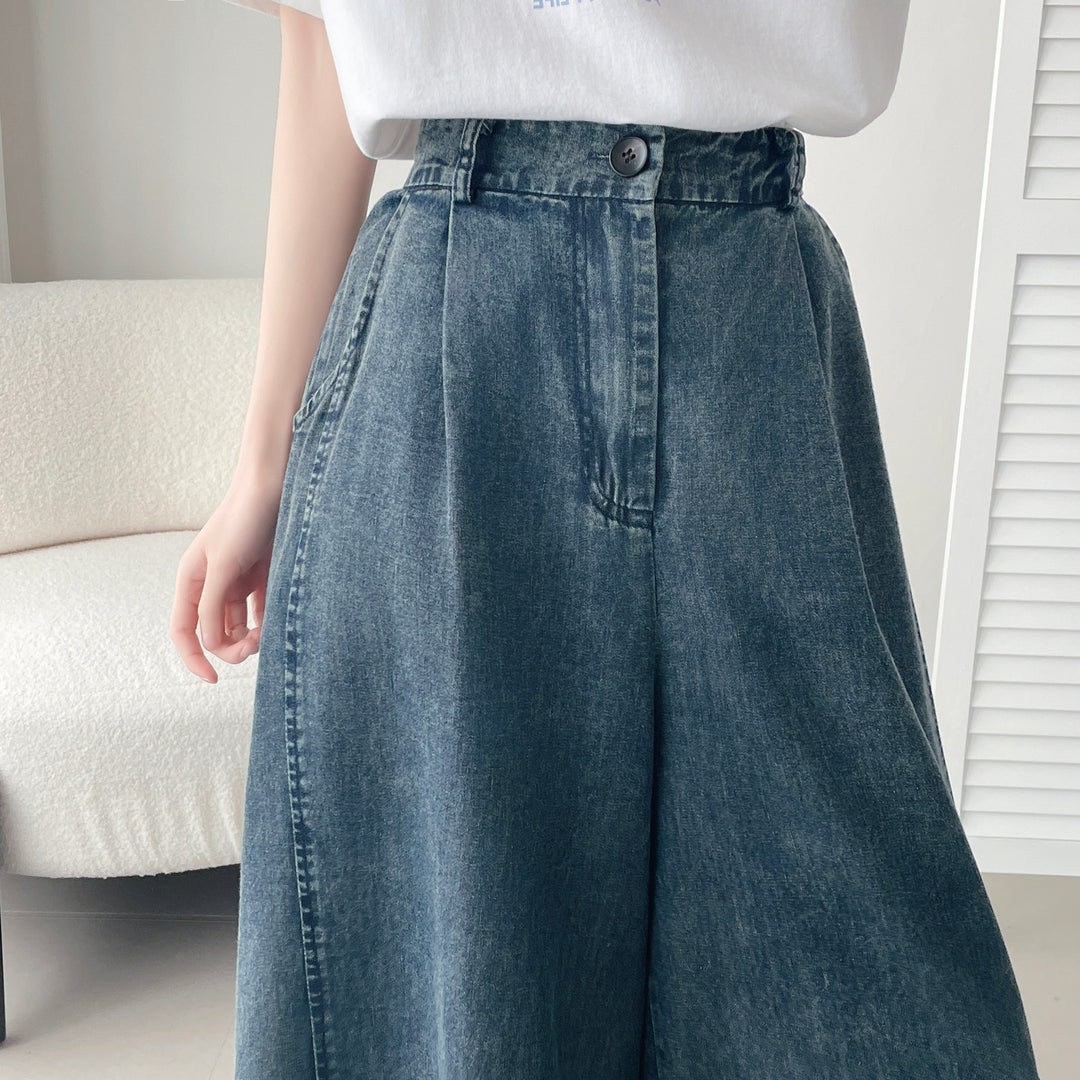 【神ガウチョ】☆ワイド裾ボタンデニムパンツ