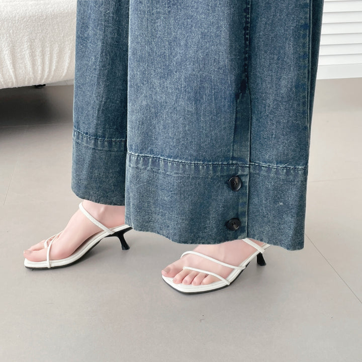 【神ガウチョ】☆ワイド裾ボタンデニムパンツ