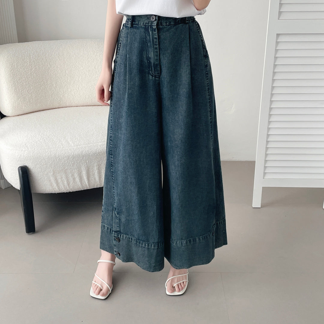 【神ガウチョ】☆ワイド裾ボタンデニムパンツ