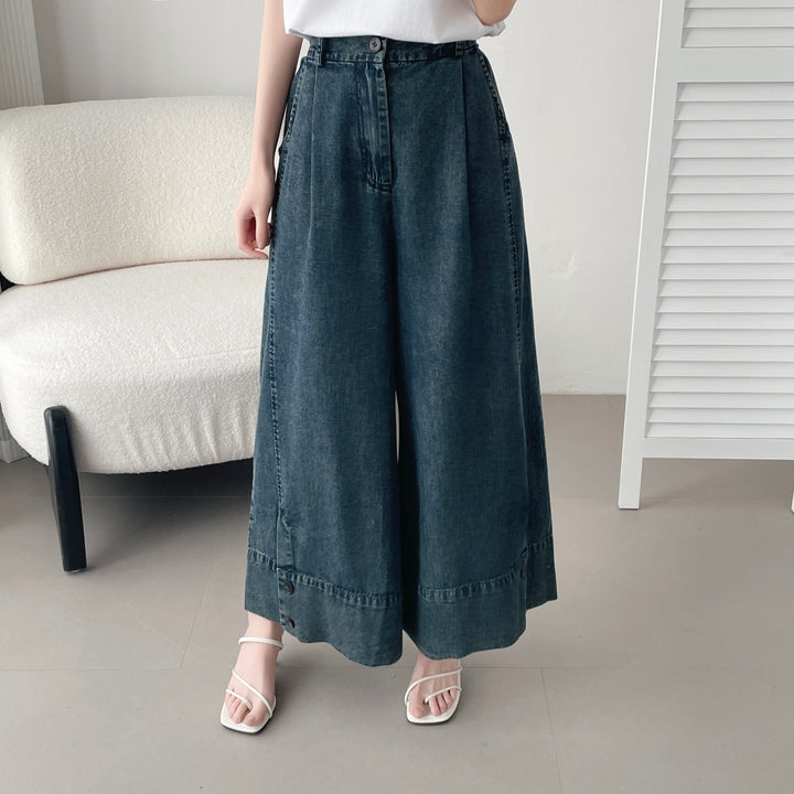 【神ガウチョ】☆ワイド裾ボタンデニムパンツ