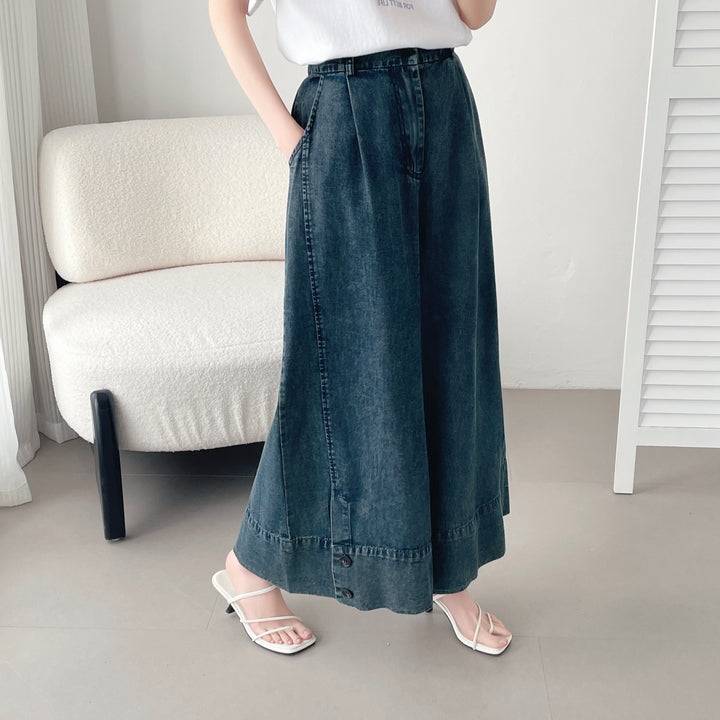【神ガウチョ】☆ワイド裾ボタンデニムパンツ