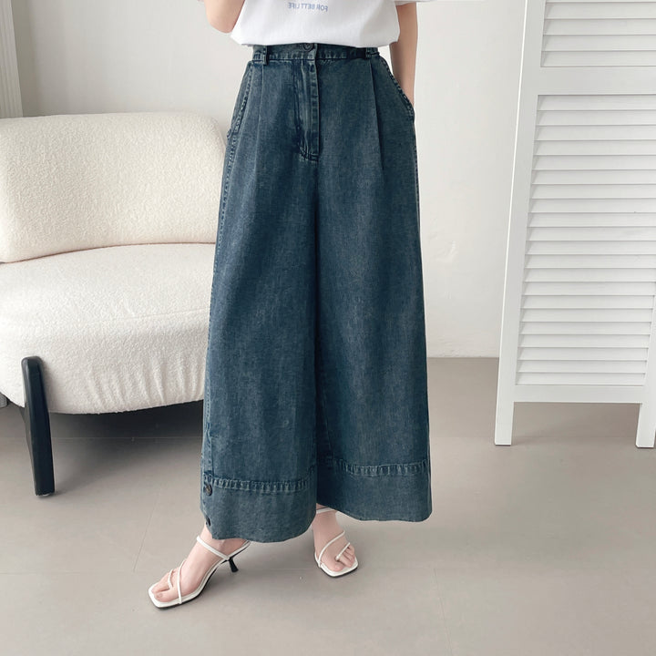 【神ガウチョ】☆ワイド裾ボタンデニムパンツ