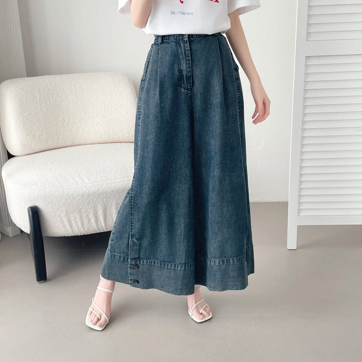 【神ガウチョ】☆ワイド裾ボタンデニムパンツ