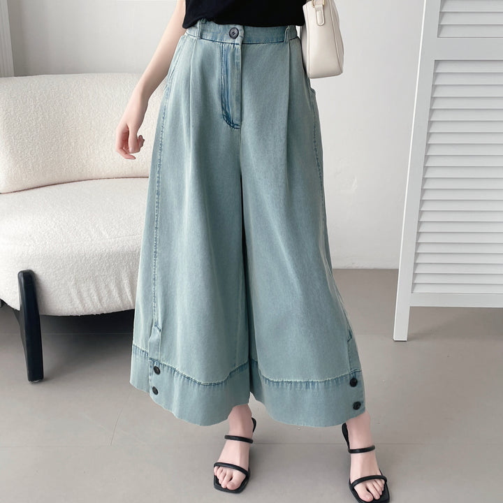 【神ガウチョ】☆ワイド裾ボタンデニムパンツ