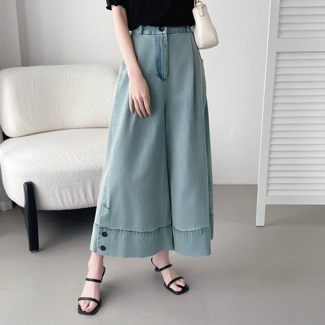 【神ガウチョ】☆ワイド裾ボタンデニムパンツ