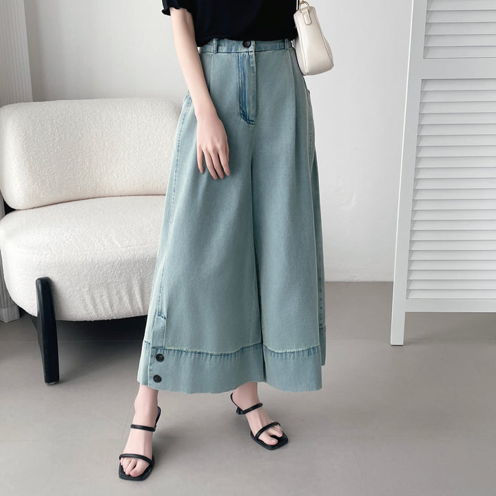 【神ガウチョ】☆ワイド裾ボタンデニムパンツ