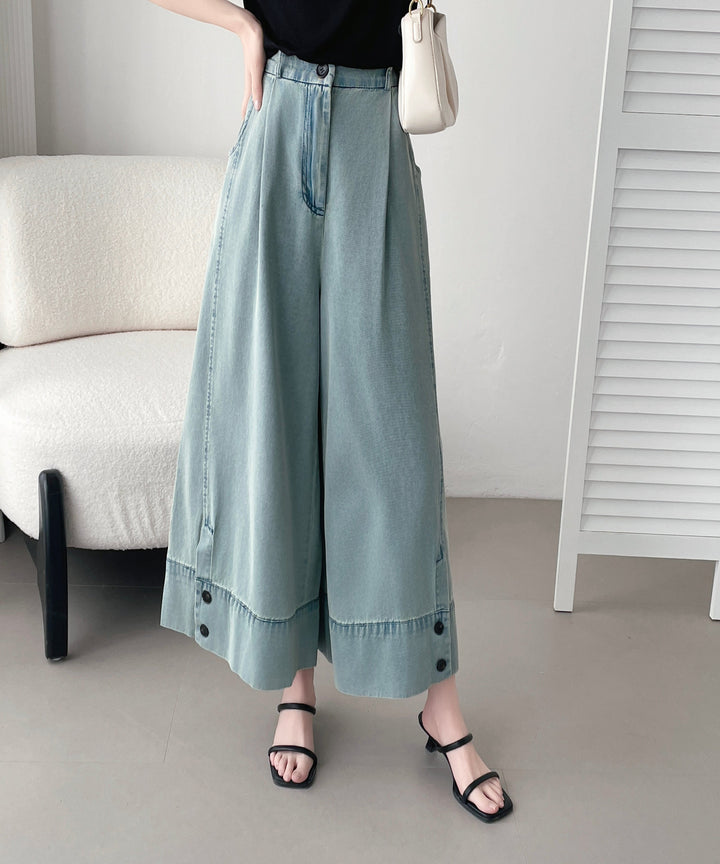 【神ガウチョ】☆ワイド裾ボタンデニムパンツ