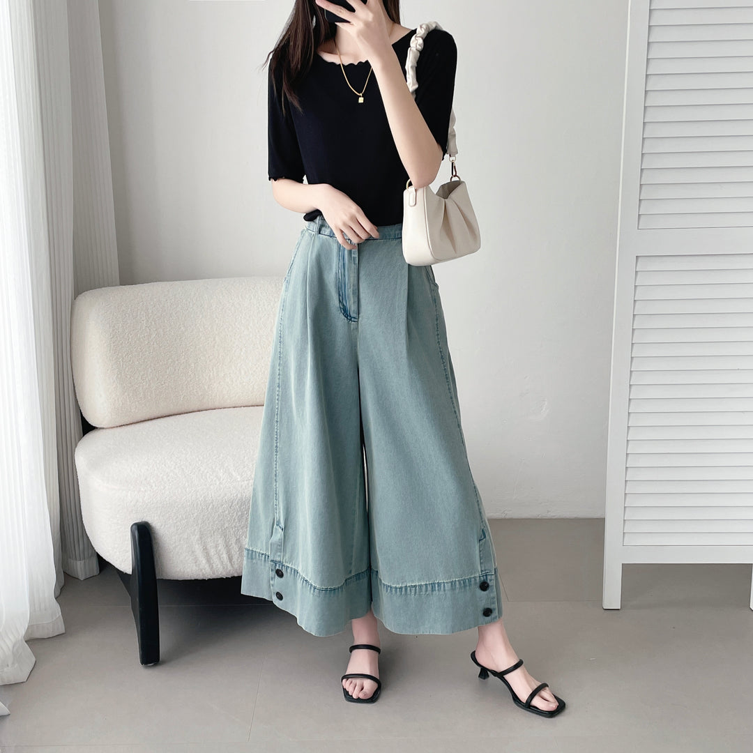 【神ガウチョ】☆ワイド裾ボタンデニムパンツ