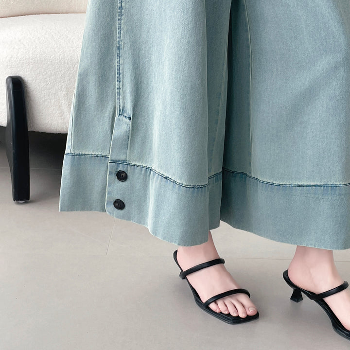 【神ガウチョ】☆ワイド裾ボタンデニムパンツ