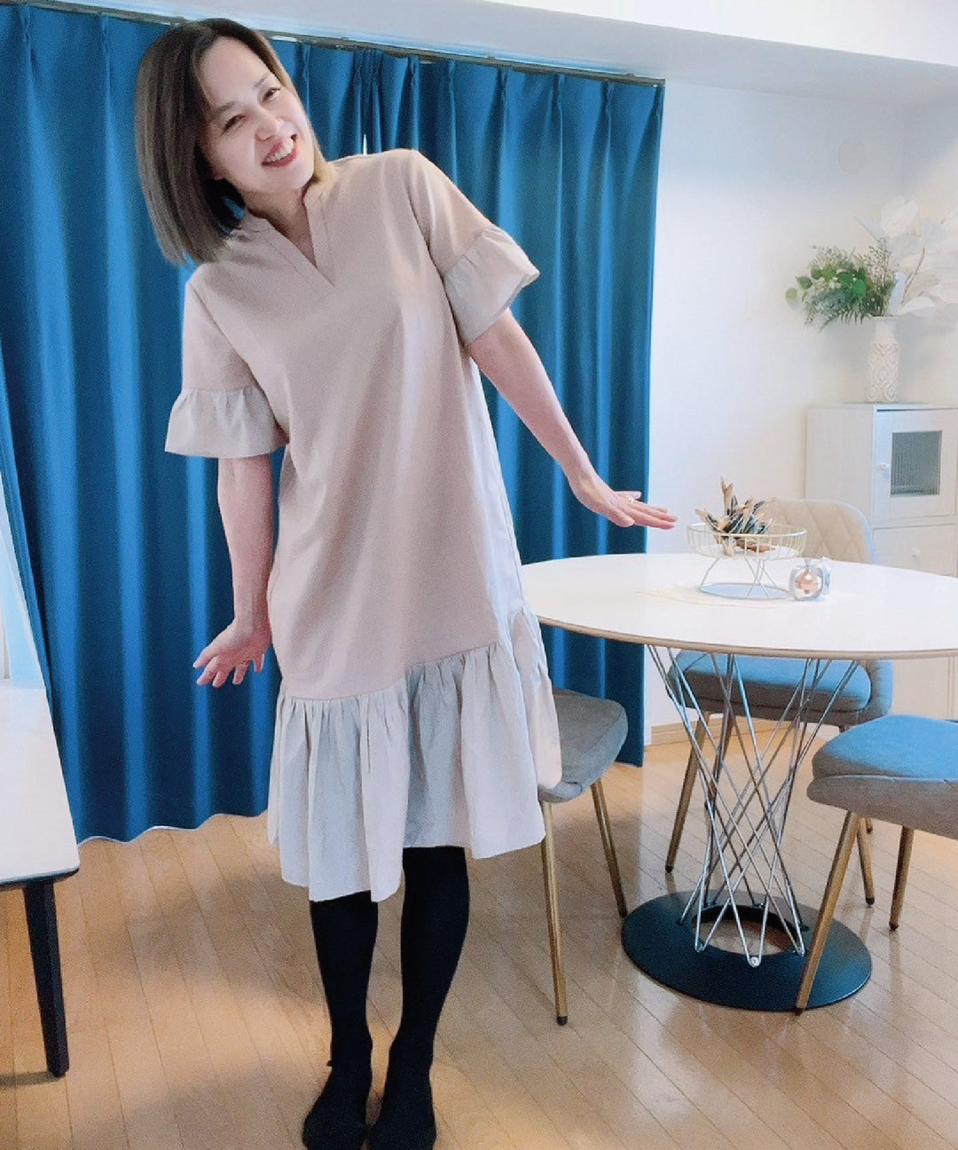 異素材使いスキッパーワンピース