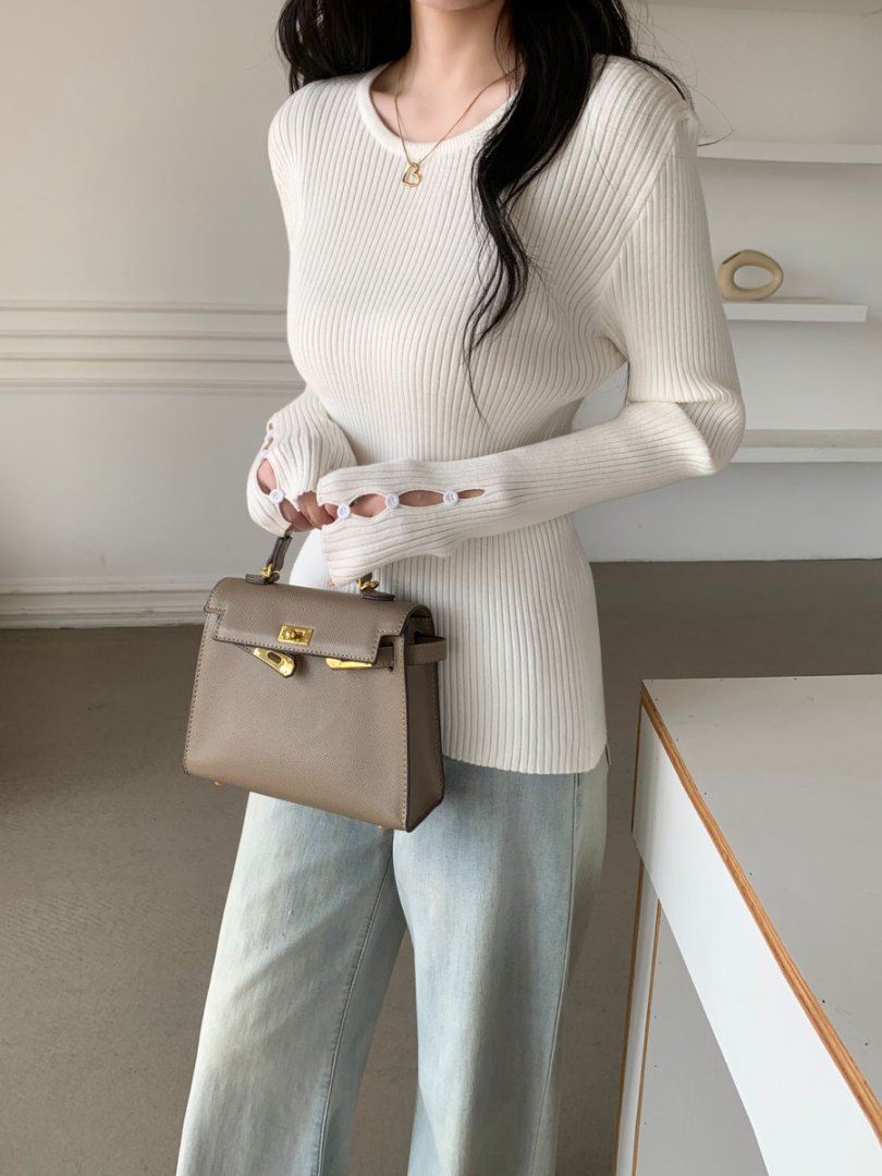 袖ボタンVネック/Uネックリブニットトップス