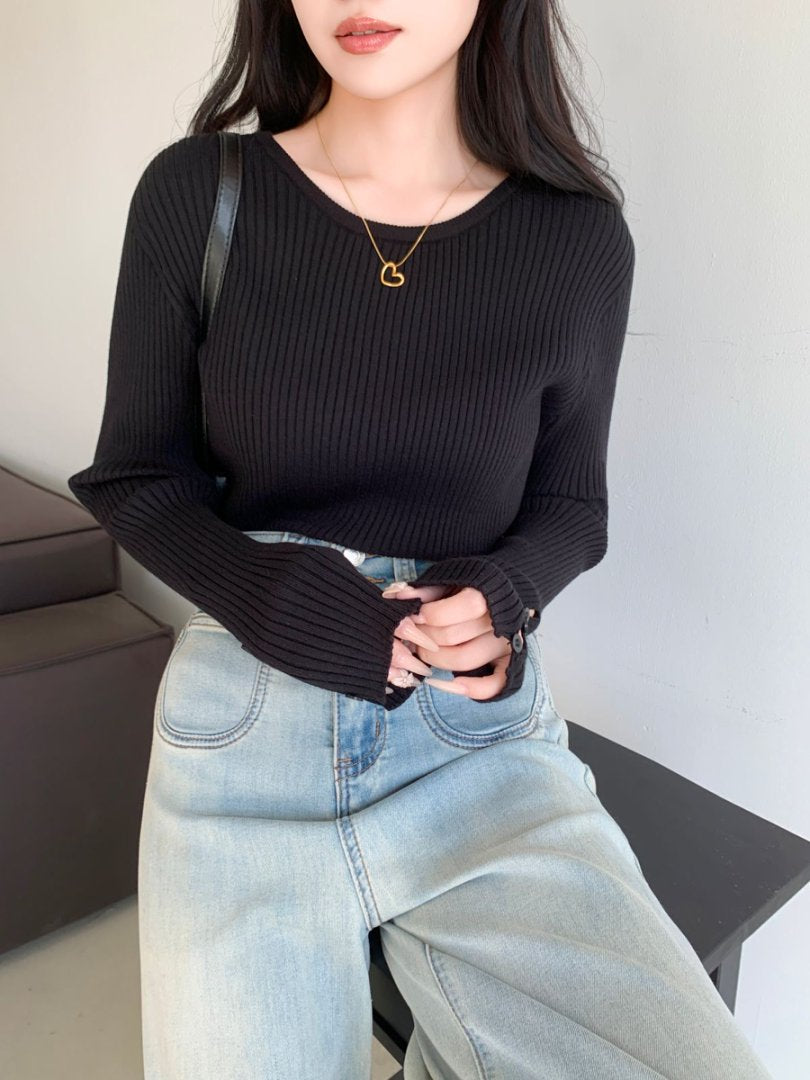 袖ボタンVネック/Uネックリブニットトップス