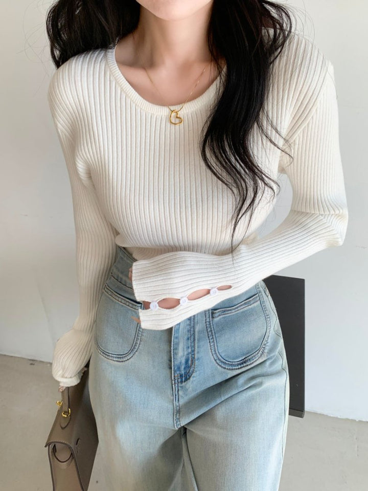 袖ボタンVネック/Uネックリブニットトップス