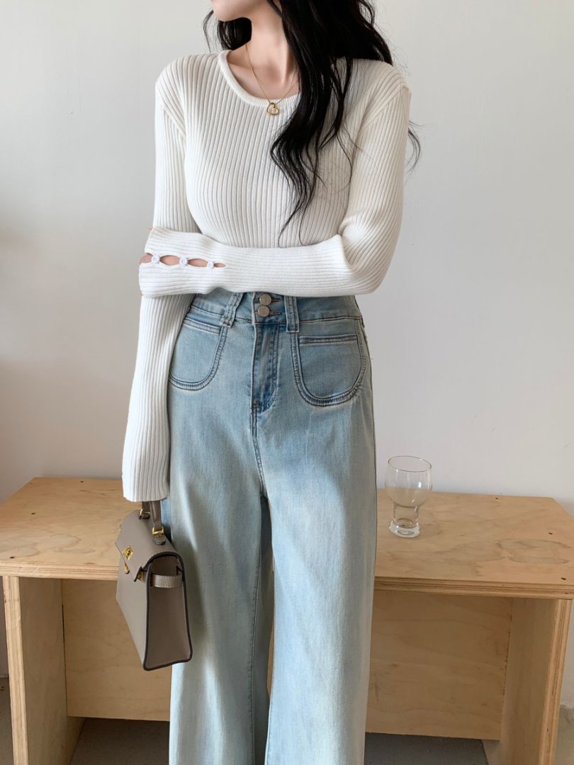 袖ボタンVネック/Uネックリブニットトップス