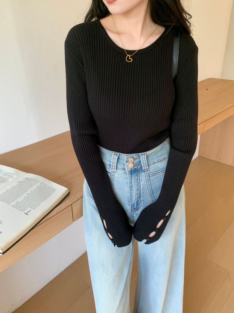 袖ボタンVネック/Uネックリブニットトップス