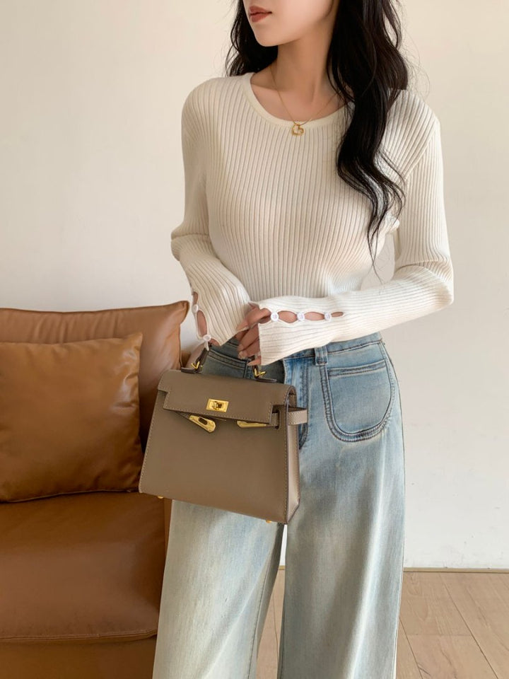 袖ボタンVネック/Uネックリブニットトップス