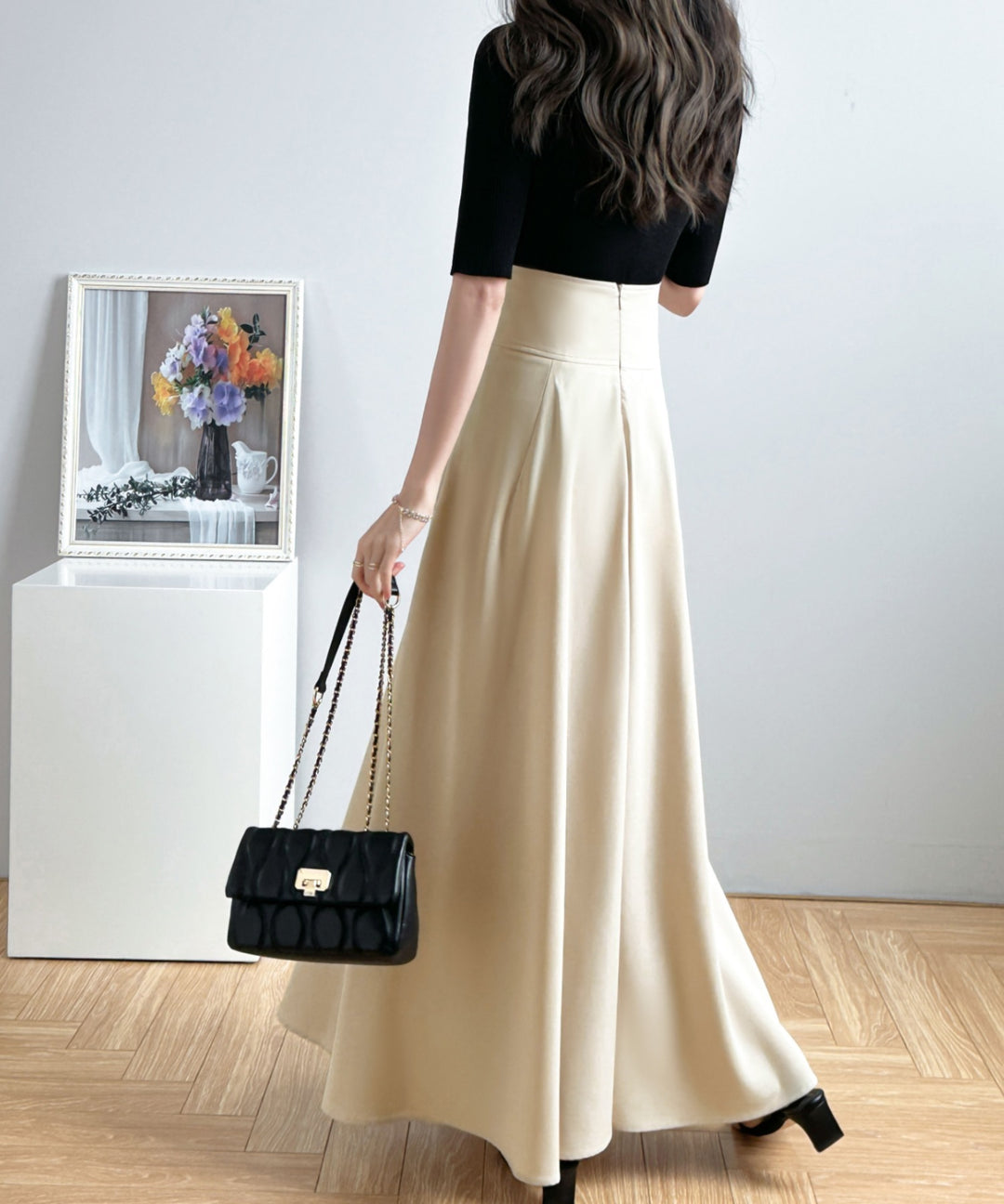 ハイウエストマキシ丈フレアロングスカート