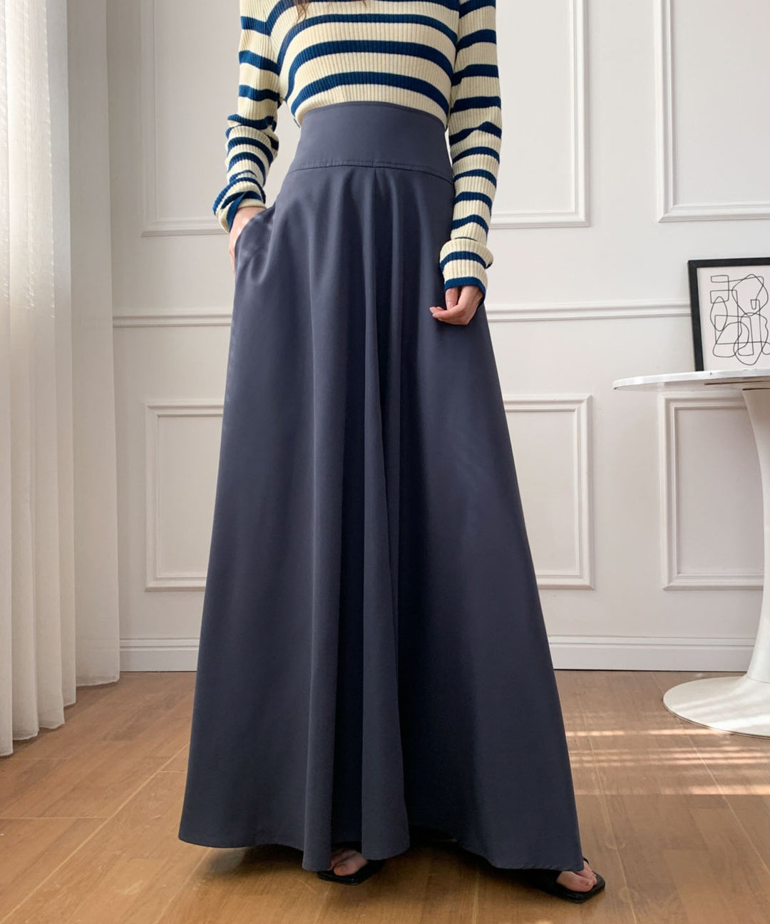ハイウエストマキシ丈フレアロングスカート
