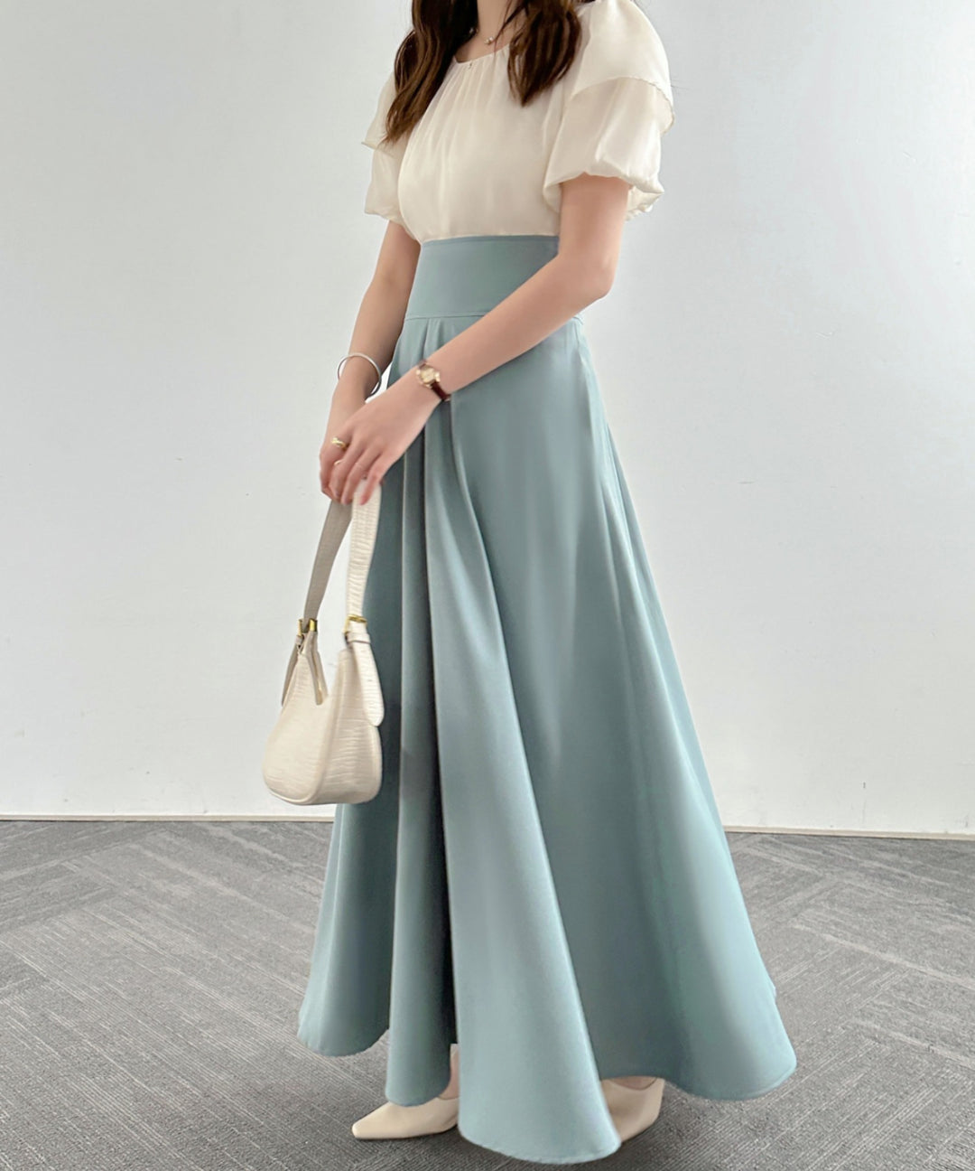 ハイウエストマキシ丈フレアロングスカート