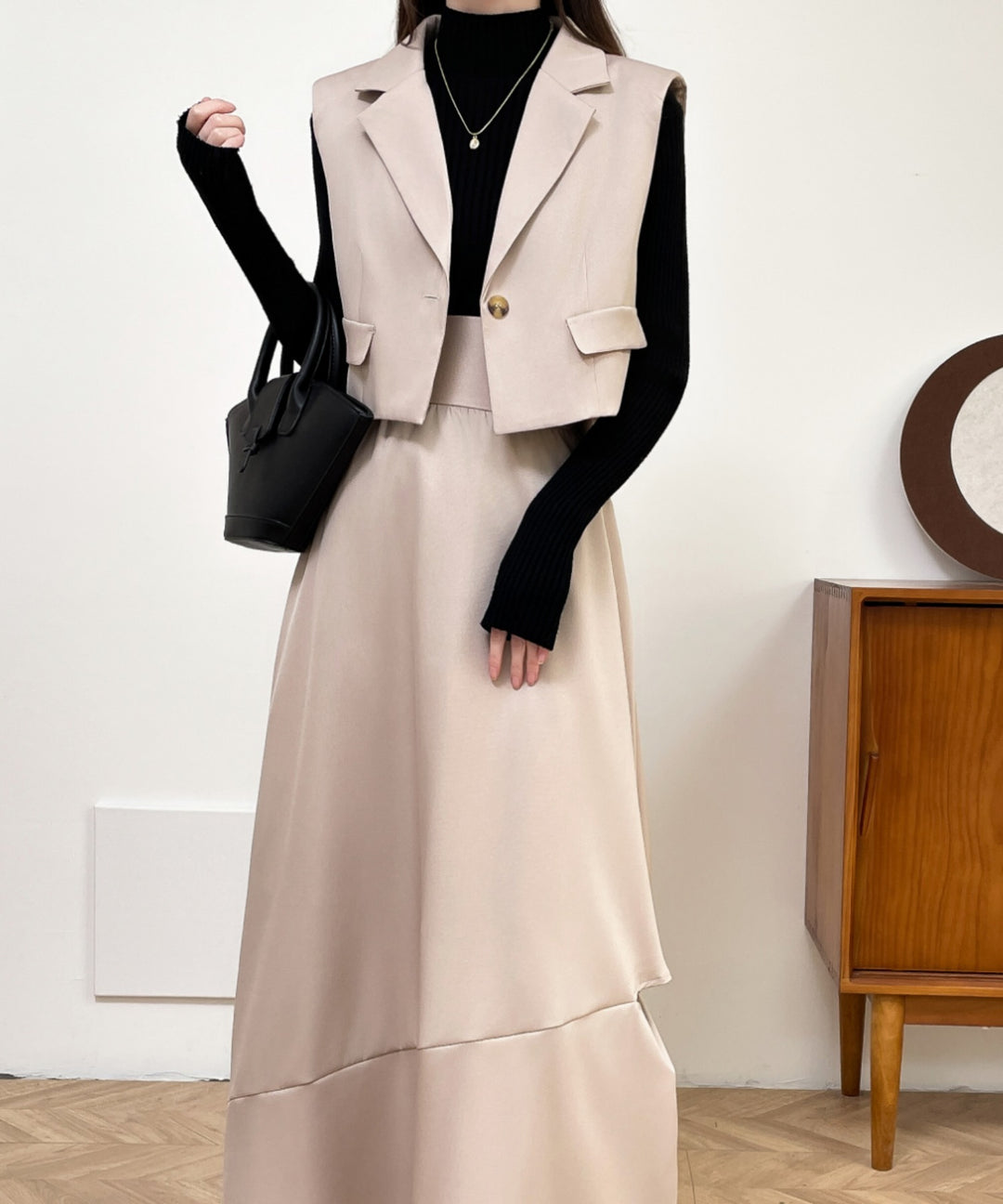 テーラードベスト＆ハイウエストサイドスリットデザインスカートセットアップ