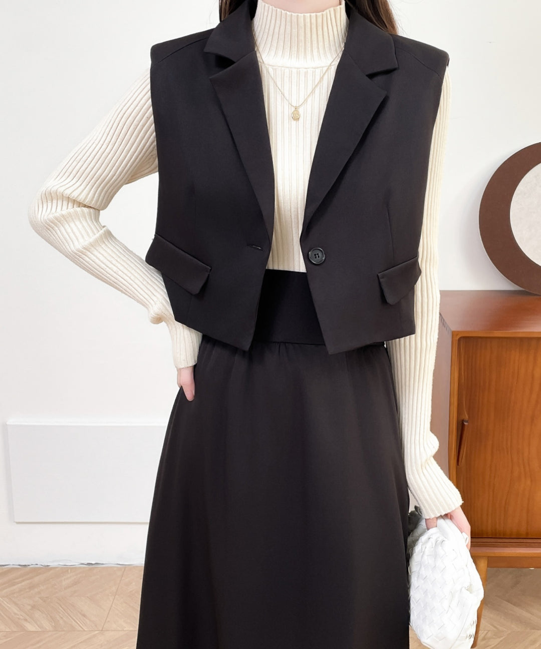 テーラードベスト＆ハイウエストサイドスリットデザインスカートセットアップ