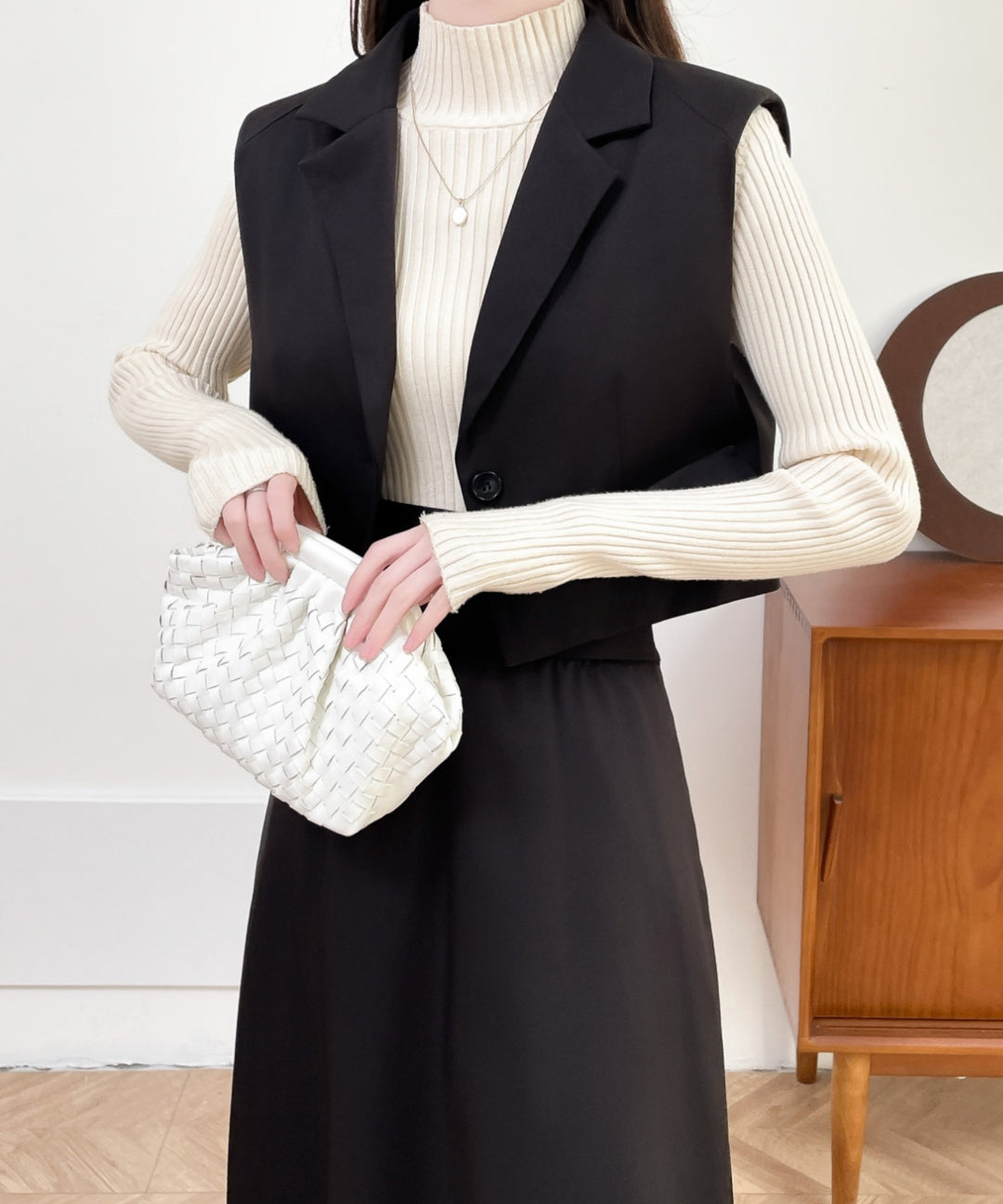 テーラードベスト＆ハイウエストサイドスリットデザインスカートセットアップ