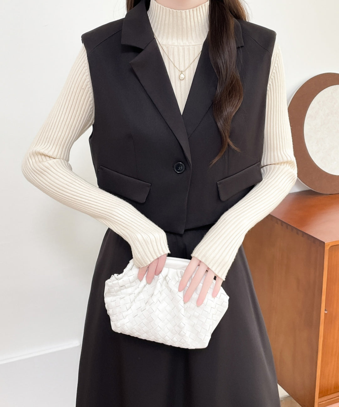 テーラードベスト＆ハイウエストサイドスリットデザインスカートセットアップ