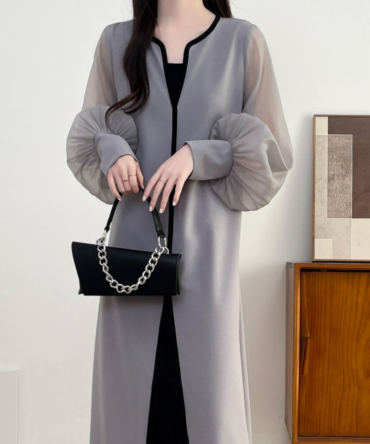 異素材ボリュームシアースリーブプリーツ切替キーネックワンピース