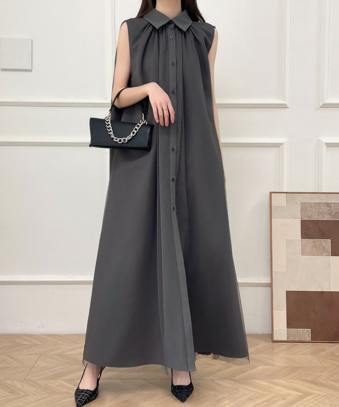 パワーチュールドッキングノースリーブシャツワンピース