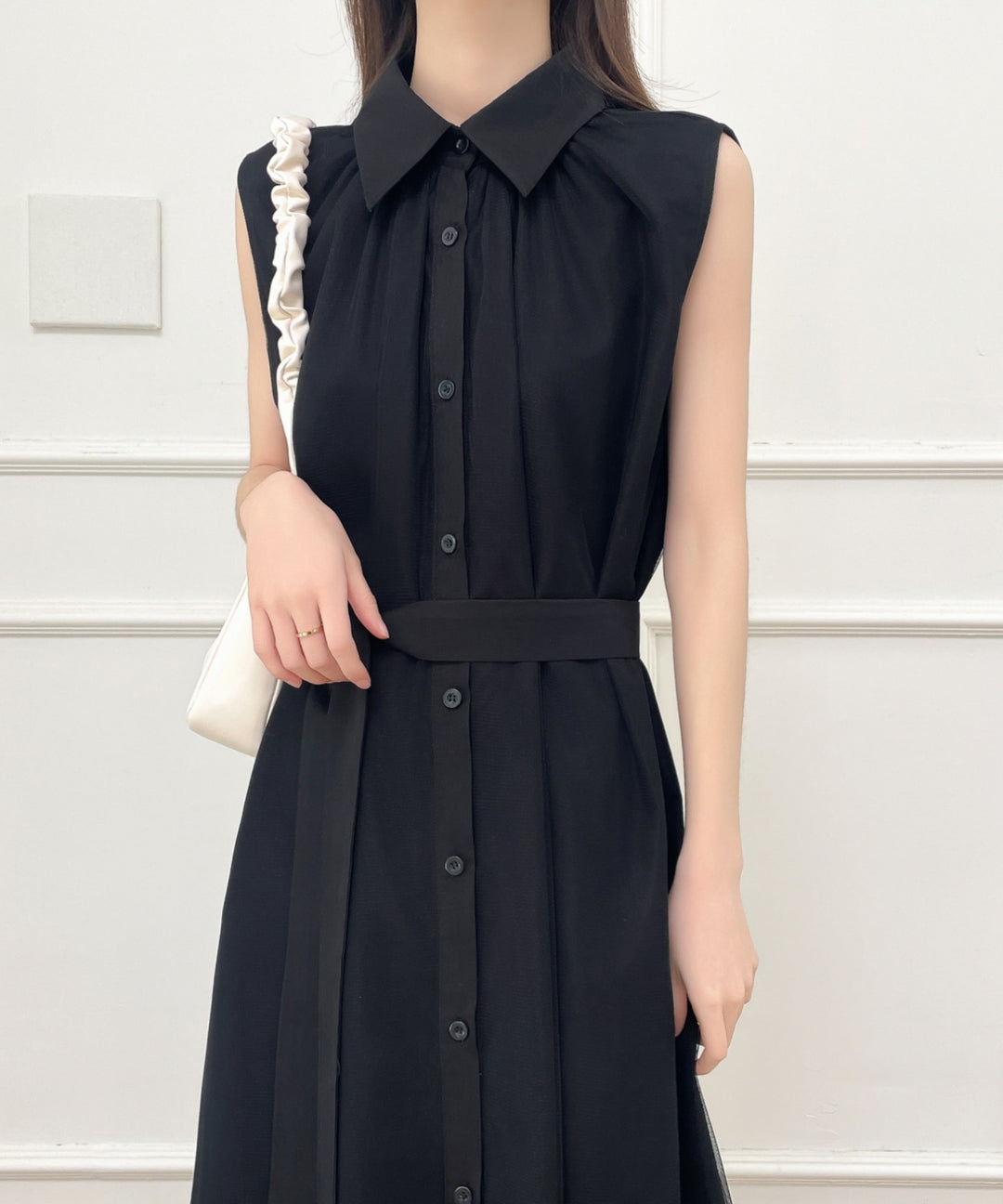 パワーチュールドッキングノースリーブシャツワンピース