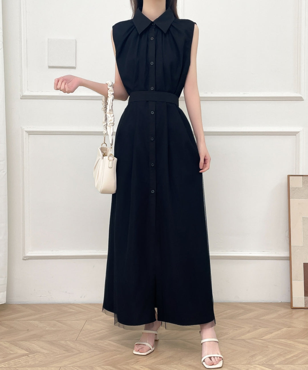 パワーチュールドッキングノースリーブシャツワンピース