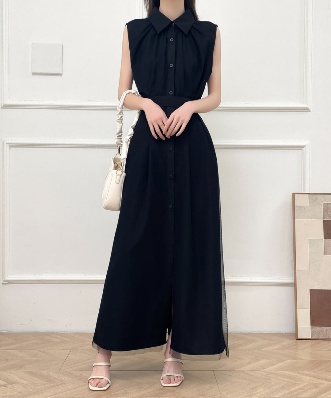 パワーチュールドッキングノースリーブシャツワンピース