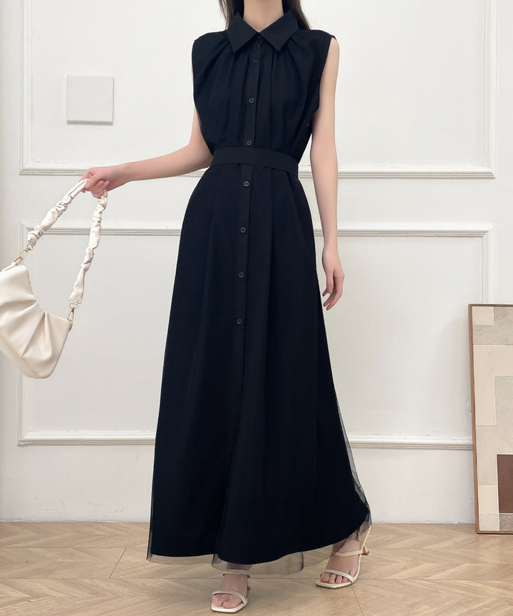 パワーチュールドッキングノースリーブシャツワンピース