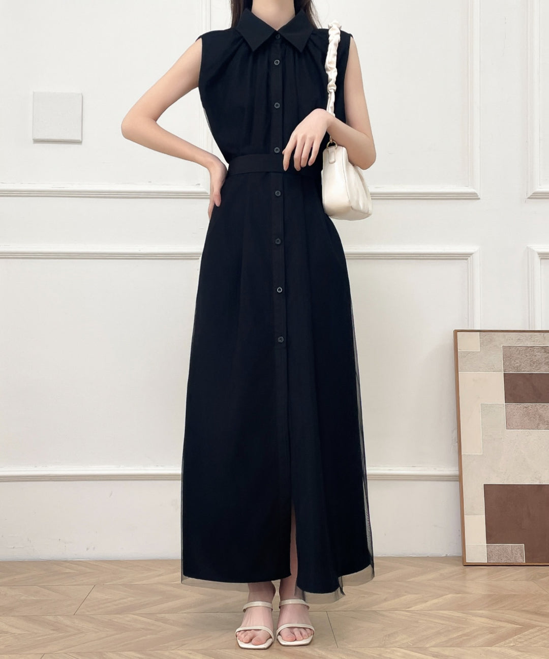 パワーチュールドッキングノースリーブシャツワンピース