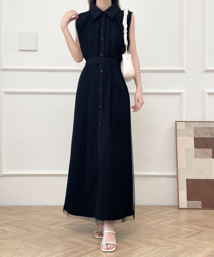 パワーチュールドッキングノースリーブシャツワンピース