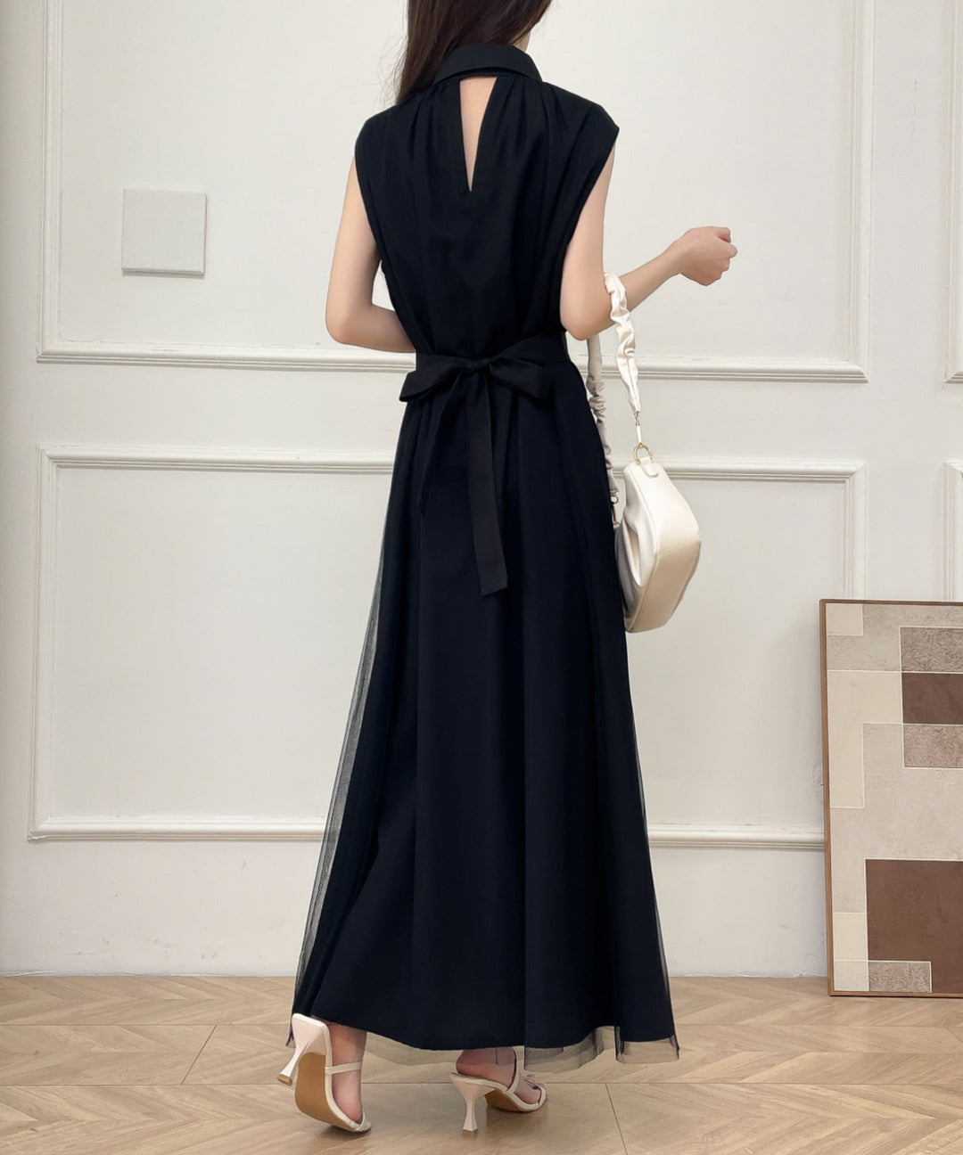 パワーチュールドッキングノースリーブシャツワンピース