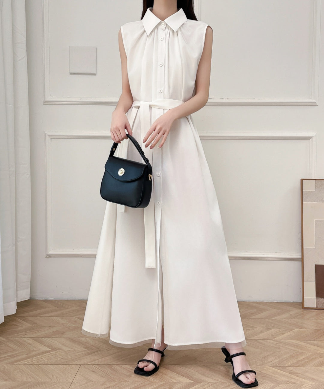 パワーチュールドッキングノースリーブシャツワンピース