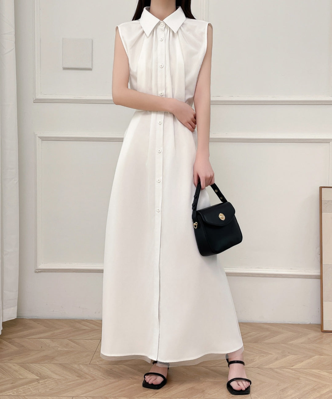 パワーチュールドッキングノースリーブシャツワンピース