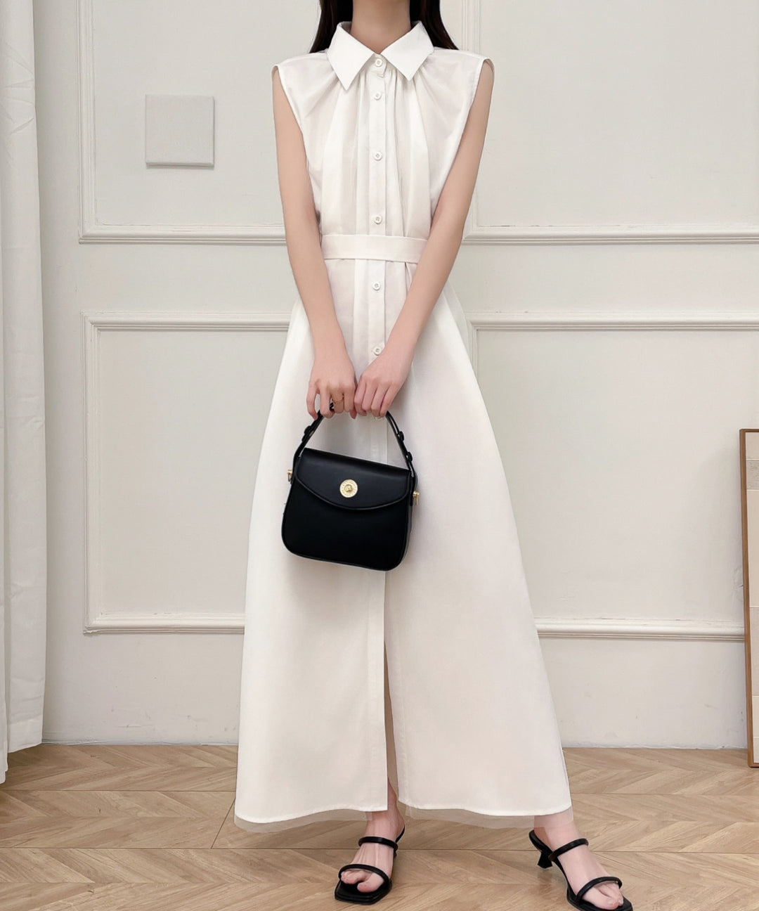 パワーチュールドッキングノースリーブシャツワンピース